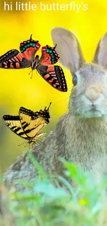 Rabbit with butterflies on yellow background wallpaper