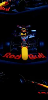Vibrant race car in motion on dark background.