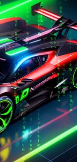 High-speed race car with neon colors on a vibrant track.