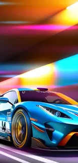 Vibrant race car speeding through a colorful tunnel, ideal for mobile wallpaper.