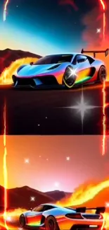 Vibrant race car with fiery trails on a mobile wallpaper.