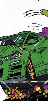 Dynamic green sports car with colorful background art.