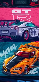Vibrant GT-R and Supra car artwork for mobile wallpaper.