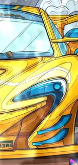 Vibrant yellow racing car with smoke on a stylized road background.