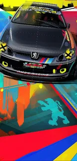 Vibrant art wallpaper with racing car design in bold colors.