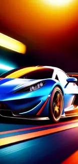 Vibrant blue racing car on neon background.