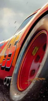 Close-up of a vibrant red racing car tire in motion.