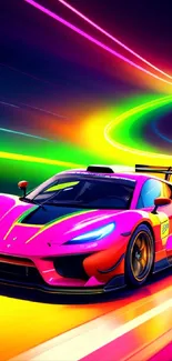 Colorful racing car with neon light trails.