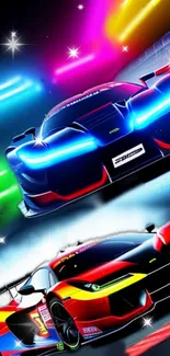 Exciting car race with neon lights and sleek designs in vivid colors.