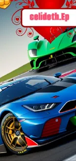 Vibrant blue racing car on a track with green car and artistic elements.