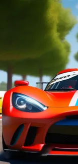 Vibrant racing car on track with dynamic colors and lush background trees.