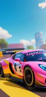 Vibrant pink racing car speeding on sunny track with blue sky.