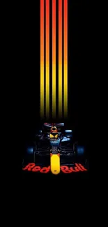 Red Bull Racing car with vibrant stripes on a black background.