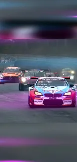 Vibrant racing cars on a track with dynamic colors.