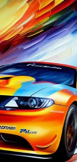 Vibrant racing car amidst dynamic colorful background.