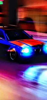 Vibrant racing car speeding through neon-lit city streets.