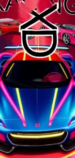 Colorful neon racing cars with vibrant design in blue, pink, and red hues.