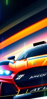 Vibrant orange racing car with colorful light trails.