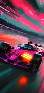 Vibrant racing car on a neon-lit track.