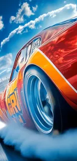 Racing car emitting smoke on a vibrant day