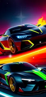 Colorful racing cars with neon accents in dynamic motion.