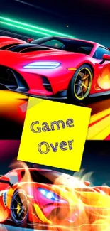 Vibrant racing cars with 'Game Over' text in bold, vivid colors.