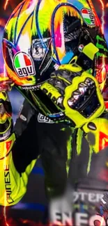 Colorful motorcycle helmet with neon yellow highlights.