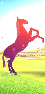 Dynamic racing horse on a vibrant green racetrack wallpaper.