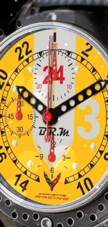 Yellow racing watch with detailed design.