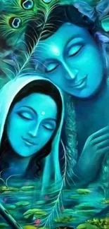 Radha Krishna in vibrant blue art wallpaper.