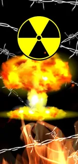 Fiery explosion with radiation symbol and barbed wire in vibrant colors.