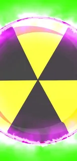 Vibrant radiation symbol wallpaper with green, yellow, and purple colors.