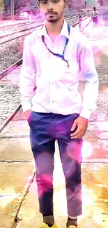 A stylish man stands on a railway platform with vibrant pink lighting effects.