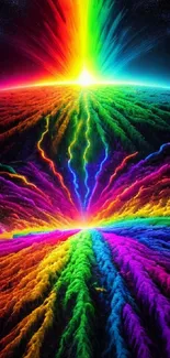 Vivid rainbow abstract cosmic design with vibrant colors and light bursts.