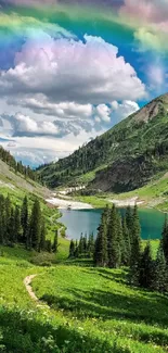 Stunning alpine scene with rainbow and lush greenery.