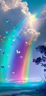 Vibrant rainbow and butterflies in a mystical sky on mobile wallpaper.