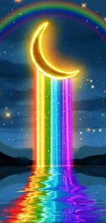 Colorful crescent moon with rainbow in night sky.