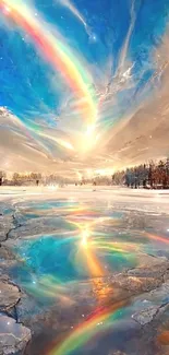 Vibrant rainbow reflected on frozen lake with colorful sky.