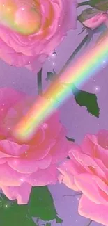 Pink roses with vibrant rainbow beams on mobile wallpaper.