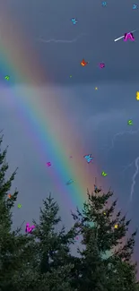 Vibrant rainbow against stormy sky with lightning and trees.