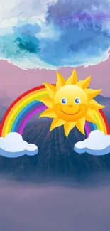 Cheerful sun with rainbow and cloud on a dreamy sky background.