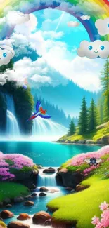 Cheerful rainbow over scenic waterfall landscape wallpaper.