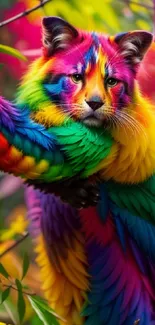 Colorful animal in vibrant rainbow hues with lush green background.