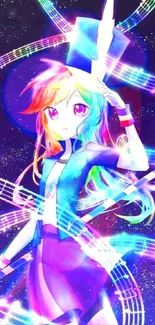 Anime character with rainbow colors and musical elements in vibrant design.