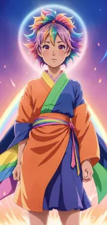 Vibrant anime character in rainbow attire against a mystical background.