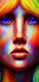 Vibrant rainbow art portrait with colorful splashes on a mobile wallpaper.