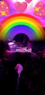 Colorful rainbow and heart-themed wallpaper with a canyon view under a purple sky.