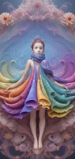 Fantasy character in rainbow gown against a blue ornate floral background.