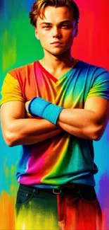 Person in rainbow shirt on vibrant colorful background.