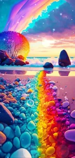 Vibrant rainbow beach with colorful stones at sunset.